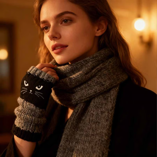 🎁 Promotion du dernier jour 49 % DE RÉDUCTION 🐱 Gants tricotés pour femmes avec motif chat — Pour des mains au chaud et des doigts libres 🧶