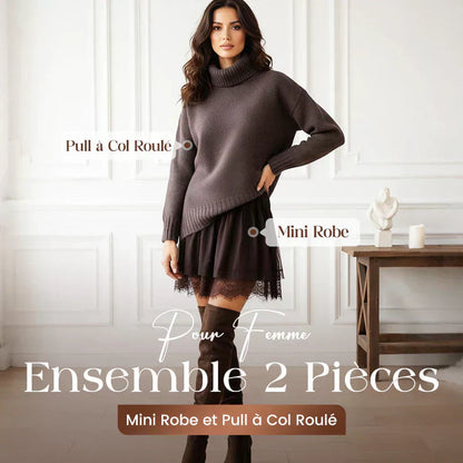 ❄️💃 Soldes d'hiver - 60 % de réduction 👗 Ensemble mini-robe et pull à col roulé pour femme