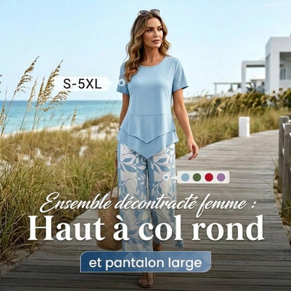 📢📢60 % de réduction !! ⏰ Ensemble décontracté composé d'un haut long superposé à col rond et d'un pantalon à jambes larges