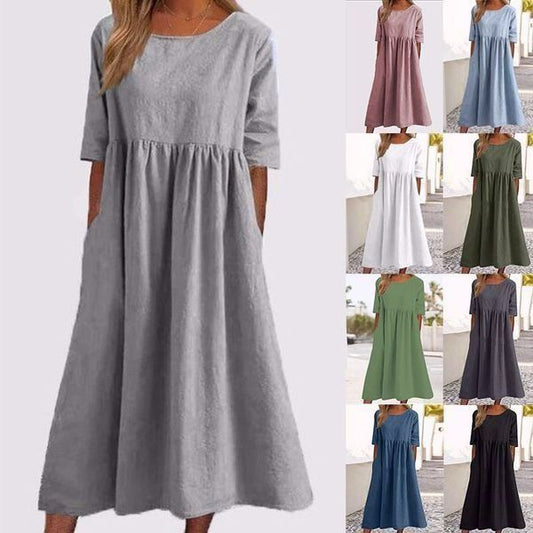📢📢52 % DE RÉDUCTION !!!⏰Robe décontractée en coton à col ras du cou et à poches pour femmes