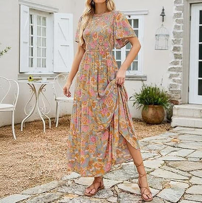 📢📢40 % de réduction !! ⏰Robe longue fluide pour femme, style décontracté, à imprimé floral, manches flottantes, smockée et taille haute