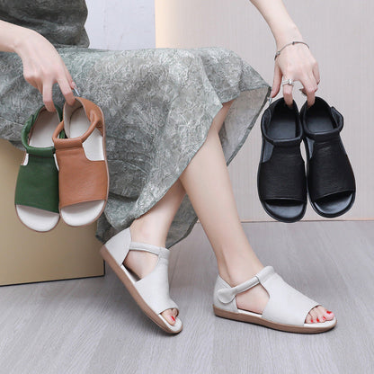 🎁Dernier jour 60 % de réduction✨Sandales plates d'été en cuir véritable à bout ouvert pour femme