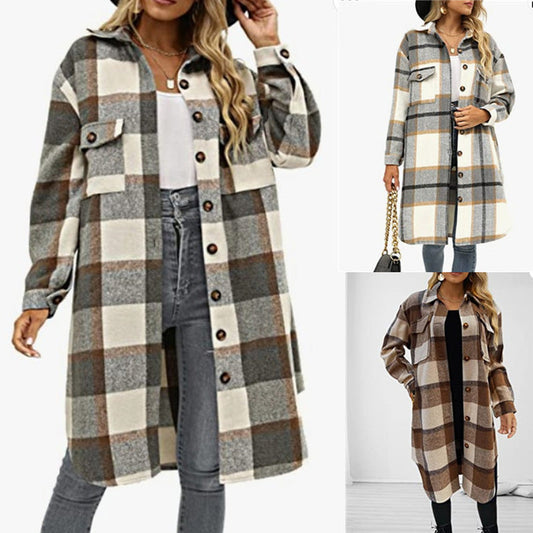 Manteau décontracté pour femmes, à revers et à boutons, avec chemise longue en tissu à carreaux