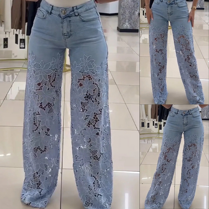 📢📢60 % de réduction !! ⏰ Jeans en Denim Patchwork avec Dentelle – Coupe Mi-Haute, Extensible & Style Boho-Chic 🌸👖