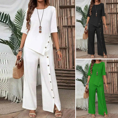 📢📢60 % DE RÉDUCTION !!!⏰Ensemble Deux Pièces pour Femme – Top avec Ourlet Asymétrique & Pantalon à Jambes Larges, Look Moderne & Confortable💃