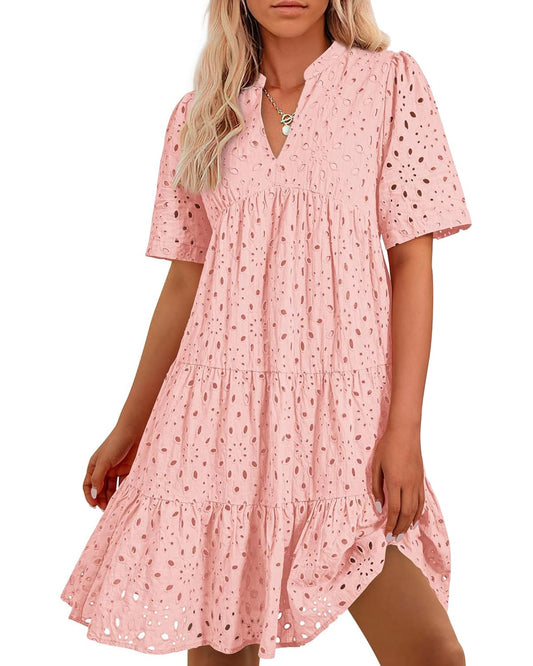 📢📢40 % DE RÉDUCTION !!!⏰Robe courte décontractée élégante en dentelle ajourée à volants pour femme