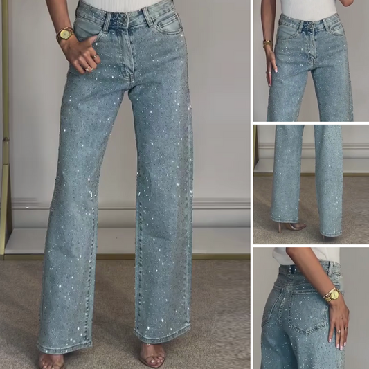 👖 60% DE RÉDUCTION VENTE 2025! ✨ Jeans à Jambe Droite avec Strass - Broderie Cristal et Taille Haute pour une Silhouette Élégante 💎👖