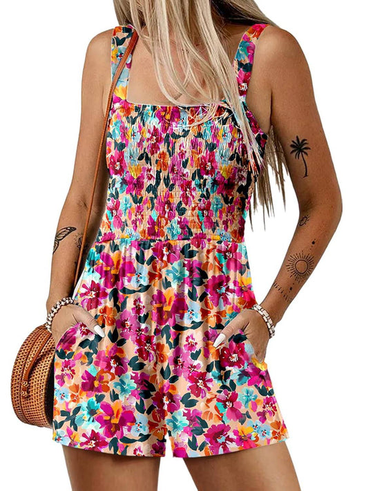 📢⏰Vente chaude 69% de réduction💃 Summer Summer Square Neck Sleeveless Loose Casual Short Smocked Romper