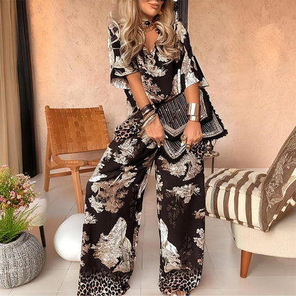 🌸 50% DE RÉDUCTION 👚 Haut imprimé à col en V + pantalon long – Style élégant & léger pour l'été – Confortable, tendance & parfait pour les journées chaudes ou les soirées 👖