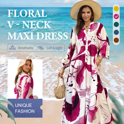 📢📢60 % de réduction !! ⏰Robe longue à col en V et à motif floral pour femmes