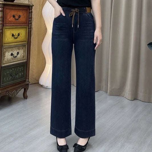 📢60% de réduction！！！📍Jean droit femme à ceinture élastique ajustable par cordon👖