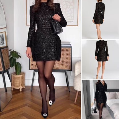 【Édition Prestige】Robe longue à manches longues scintillante avec ceinture pour femme
