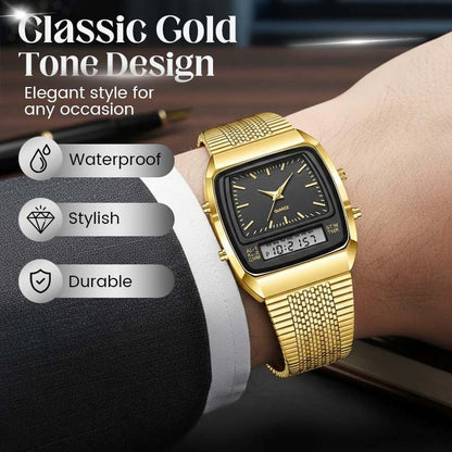 📢📢40 % DE RÉDUCTION !! ⏰ Montre Rétro Carrée Double Affichage – Analogique & Numérique, Boîtier Zinc Durable, Bracelet Acier Inox · Or-Noir, Or, Noir & Or-Argent 🔋