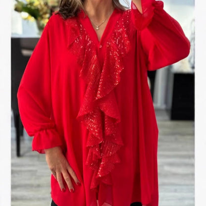 📢📢60 % de réduction !!!🎅Chemise à manches longues à col en V en mousseline et paillettes pour femmes