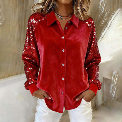 📢📢70% de réduction ! ⏰Chemise à manches longues boutonnée et à paillettes pour femme