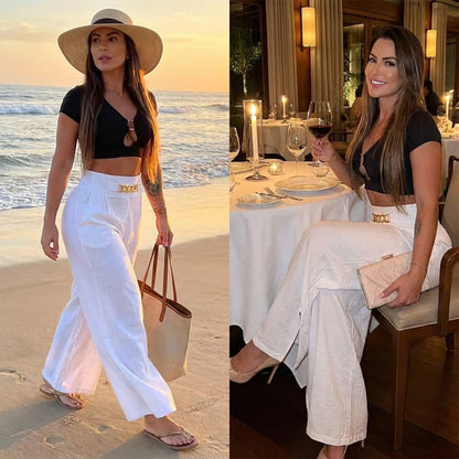 📢📢60 % de réduction !! ⏰Pantalon taille haute à jambes larges pour femme avec ceinture décorative