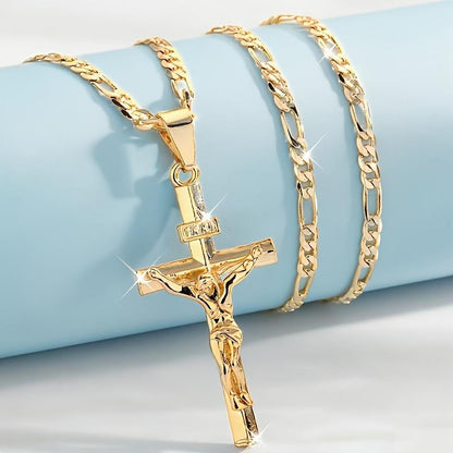 ✝️ 60% DE RÉDUCTION ! ✨ Collier Crucifix en Or – Motif INRI Détaillé, Chaîne Figaro Ajustable & Finition Éclatante 💛