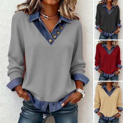 📢📢60 % de réduction !! ⏰Haut deux pièces pour femme en denim patchwork avec col en simili cuir