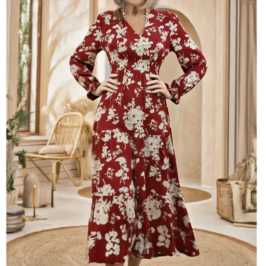 📢📢60 % de réduction !! ⏰Robe longue à volants imprimée florale, col en V, taille cintrée et manches longue