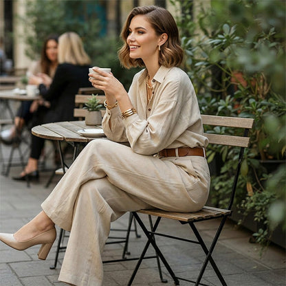 📢📢50 % de réduction !!⏰ Du Bureau au Café | Ensemble Chemise Large & Pantalon Palazzo 💼【Promo -60%】