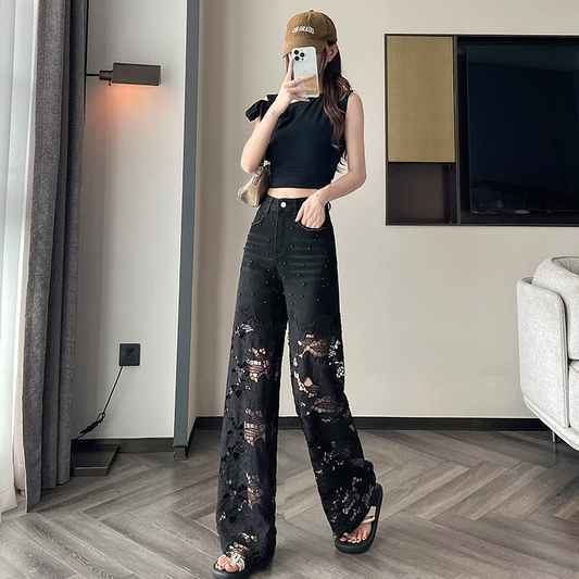 📢📢50 % de réduction !! ⏰Pantalon creux pour femme avec imprimé strass chauds assemblés