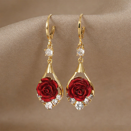 📢📢50 % DE RÉDUCTION !! ⏰Boucles d'oreilles pendantes élégantes en forme de rose rouge