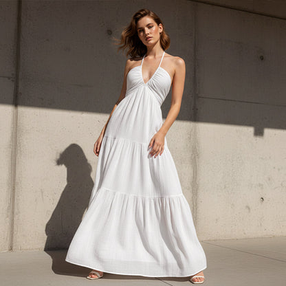 💎 50% DE RÉDUCTION ! 💎 Robe Maxi À Étages Col Licou Dos Nu – Tissu Léger, Silhouette Fluide & Imprimé Été ☀️🌸