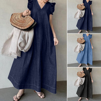 👗50 % DE RÉDUCTION ! ✨ Robe longue en jean à col en V – Coupe décontractée, confortable et parfaite pour un usage quotidien 🌸