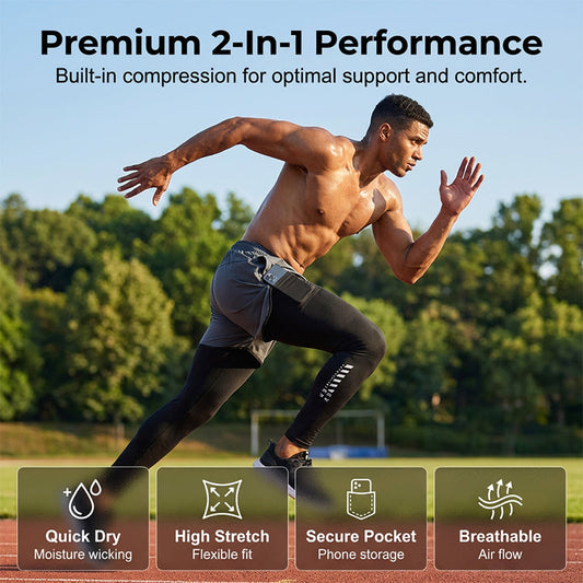 🏃‍♂️40% de réduction 👖 Collant de running 2-en-1 avec short pour homme – Respirant, anti-frottement & poche pour téléphone – parfait pour le sport 📱