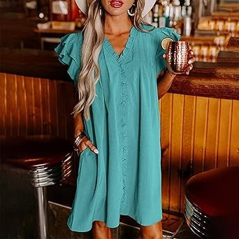 📢📢50 % DE RÉDUCTION !!!⏰Robe plissée décontractée à volants et col en V pour femme