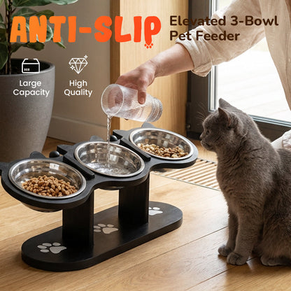 🎁🐾 PROMO -40% ! Mangeoire surélevée Anti-dérapante 3 Bols pour Animaux – Bois Naturel & Acier Inox (Améliore la Digestion)