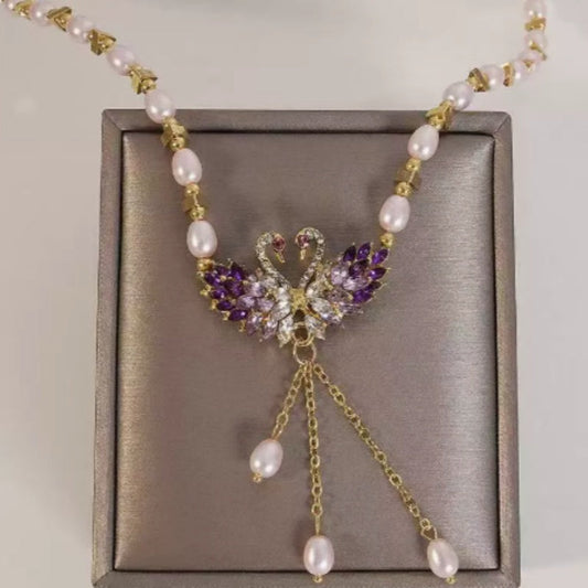 Purple Double Swan Pendant Necklace