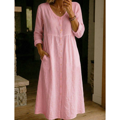 👗 50% DE RÉDUCTION! ✨ Élégante Robe Midi en Lin Col V avec Boutons – Confortable, Style Décontracté & Parfaite Pour Un Usage Quotidien 🌸