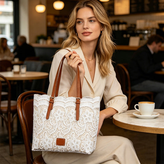 👜 PROMO LIMITÉE 40% DE RÉDUCTION ! 👒 Sac Fourre-Tout Élégant en Dentelle Blanche – Grand Compartiment, Bretelles Réglables 🔐