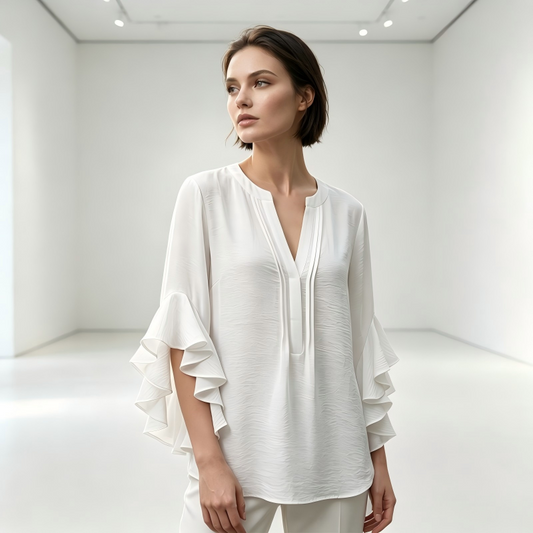 📢📢40 % DE RÉDUCTION !! ⏰Haut décontracté à col en V avec volants pour femme – Tissu léger, coupe fluide & romantique – parfait pour un look chic ou décontracté au quotidien 🌸