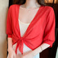 📢📢50 % DE RÉDUCTION !! ⏰Top/Blouse Femme en Chiffon Transparent à Nœud Devant – Coupe Courte, Décolleté en V, Style Romantique & Élégant, Parfait pour Superposition 🍷