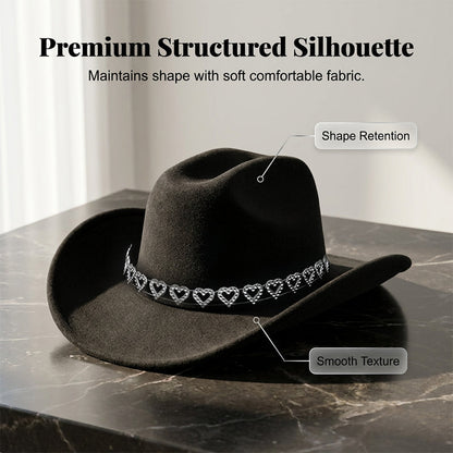 📢📢40 % DE RÉDUCTION !! ⏰Chapeau Cowboy Strass Cœur pour Femme – Fédora Jazz Français Élégant