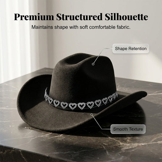 📢📢40 % DE RÉDUCTION !! ⏰Chapeau Cowboy Strass Cœur pour Femme – Fédora Jazz Français Élégant