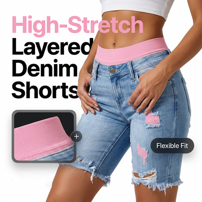 Women’s Distressed Denim Shorts with Colorful Leggings Set