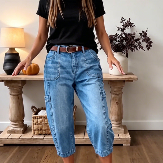 📢📢40% DE RÉDUCTION !! ⏰Pantalon Jean Court Extensible Femme – Coupe Barrel Décontractée, Taille Mi-Haute, Poches Multiples, 2 Coloris, Tailles S-3XL, Idéal Quotidien ✨