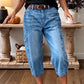📢👖 PROMO FLASH 50% ! Pantalon Jean Court Extensible Femme – Coupe Barrel Décontractée, Taille Mi-Haute, Poches Multiples, 2 Coloris, Tailles S-3XL, Idéal Quotidien ✨