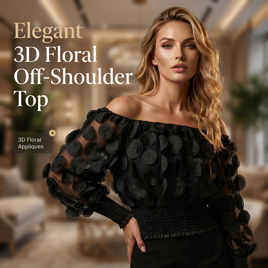 📢📢40% DE RÉDUCTION !! ⏰Top Ajusté Épaules Dénudées – Appliqués Floraux 3D, Taille Smockée, Manches Ballon 🌸