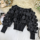 📢📢40% OFF !! ⏰Off-Shoulder Fitted Top – 3D Floral Appliqués, Smocked Waist, Balloon Sleeves 🌸