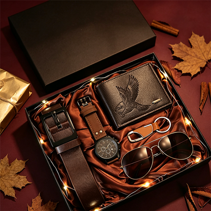 📢📢50% DE RÉDUCTION !! ⏰Coffret Cadeau 7 Pièces pour Homme avec Montre, Portefeuille, Ceinture, Lunettes de Soleil et Porte-clés