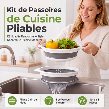 📢📢40 % DE RÉDUCTION !! ⏰ Passoire pliable multifonction – Égouttoir avec base de vidange, compacte et pratique, lavez et égouttez vos aliments sans encombrer votre cuisine, puis rangez-la à plat 🌿👌