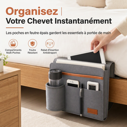 📢📢40 % DE RÉDUCTION !! ⏰Organiseur de Chevet en Feutre Minimaliste – Feutre Épais Structuré, Multi-Poches et Ancrage Stable sous Matelas
