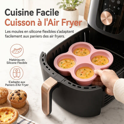 📢📢40% DE RÉDUCTION !! ⏰ Moule rond en silicone de 10 cm pour friteuse à air – 3 ou 4 cavités, démoulage facile et cuisson polyvalente