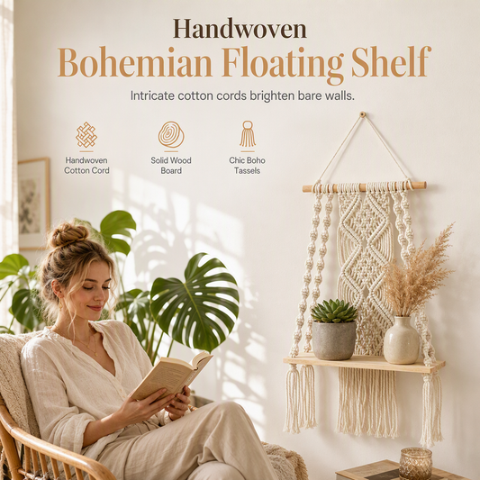 Étagère Murale Macramé Bohème – Tissage Artisanal & Plateau Bois pour Plantes