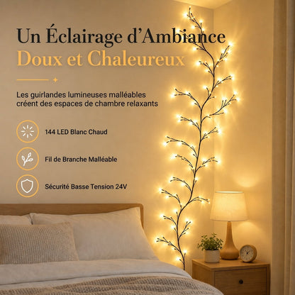 🌿✨ Guirlande Lumineuse en Liane 144 LED – Blanc Chaud, Branches Flexibles et Ambiance Apaisante