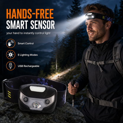 📢📢40% DE RÉDUCTION !! ⏰ Lampe frontale à capteur intelligent : mains libres, 5 modes d'éclairage, rechargeable USB, IPX4